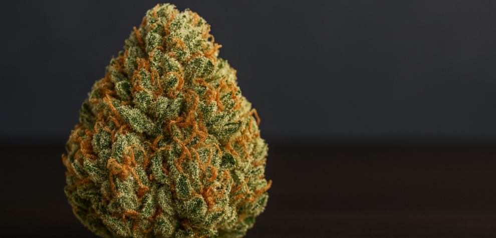 Close-up of a dense, crystal-covered cannabis bud on a dark background, representing premium cannabis