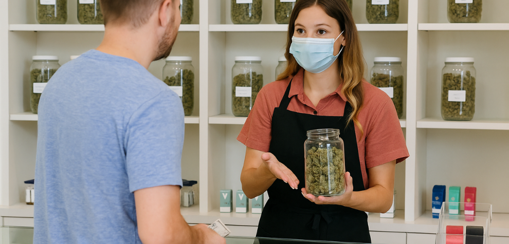 Budtender showing cannabis jar to a customer inside a dispensary, highlighting affordable weed options at a discount dispensary