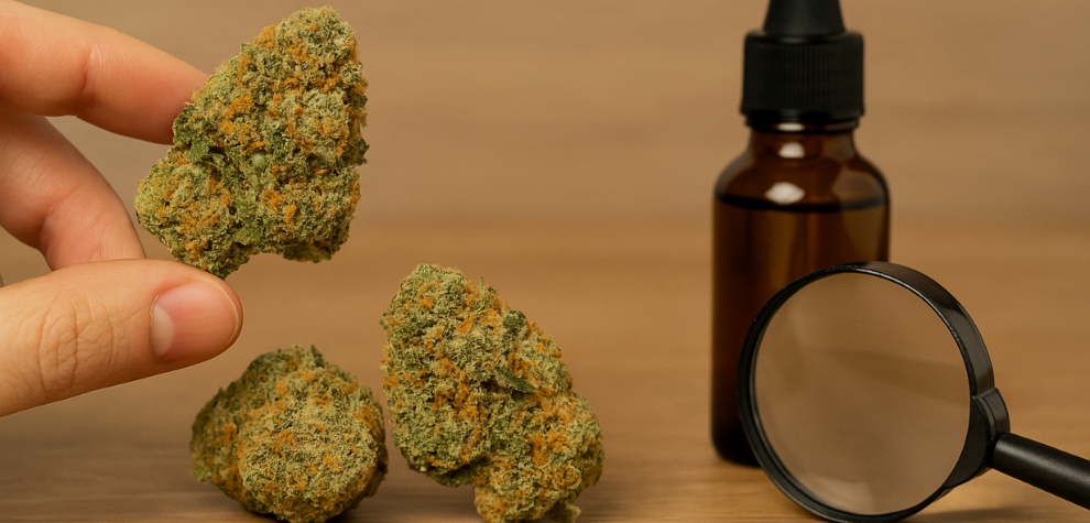 Hand holding a Sativa cannabis bud with magnifying glass and oil dropper nearby, showing traits of a premium Sativa strain