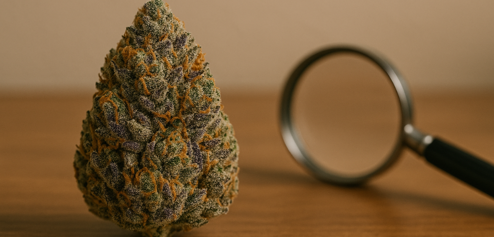 Death Bubba cannabis bud with magnifying glass on wooden surface, highlighting strain details and texture