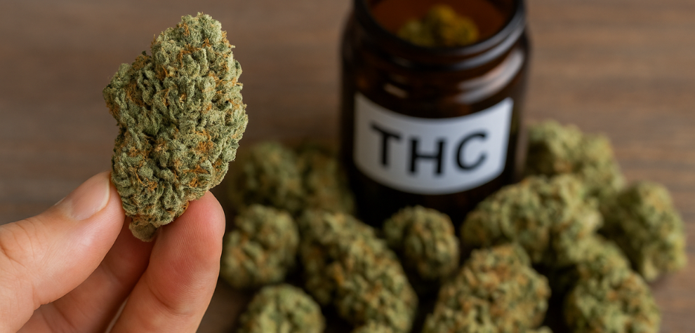 Hand holding a cannabis bud in front of a THC-labeled jar, highlighting the growing popularity of high THC weed in Canada