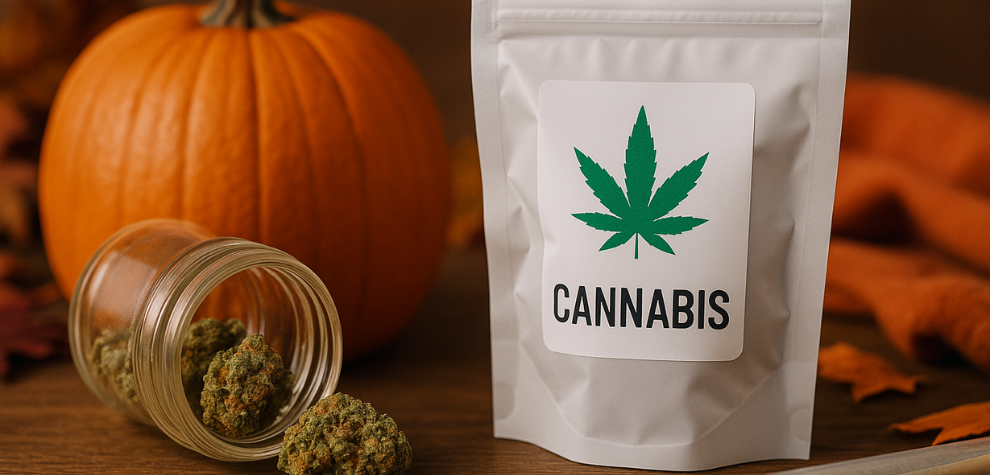 Cannabis buds and packaging with a pumpkin in the background, symbolizing seasonal deals on weed and discounted cannabis
