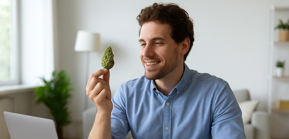 Smiling man holding a Sativa cannabis bud while working on a laptop at home, illustrating when Sativa weed is a good choice for focus and energy