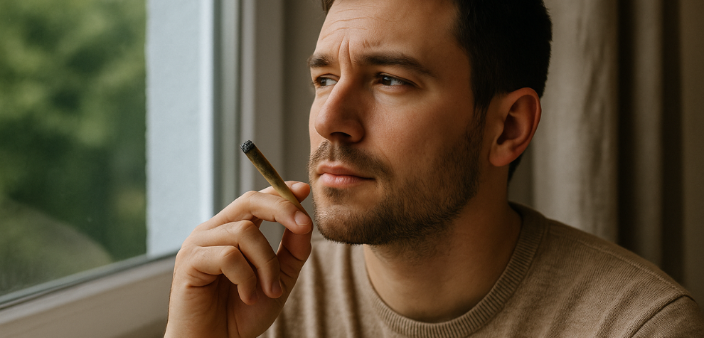 Man thoughtfully looking out the window while holding a lit joint, representing the best time to enjoy Strawberry Cough