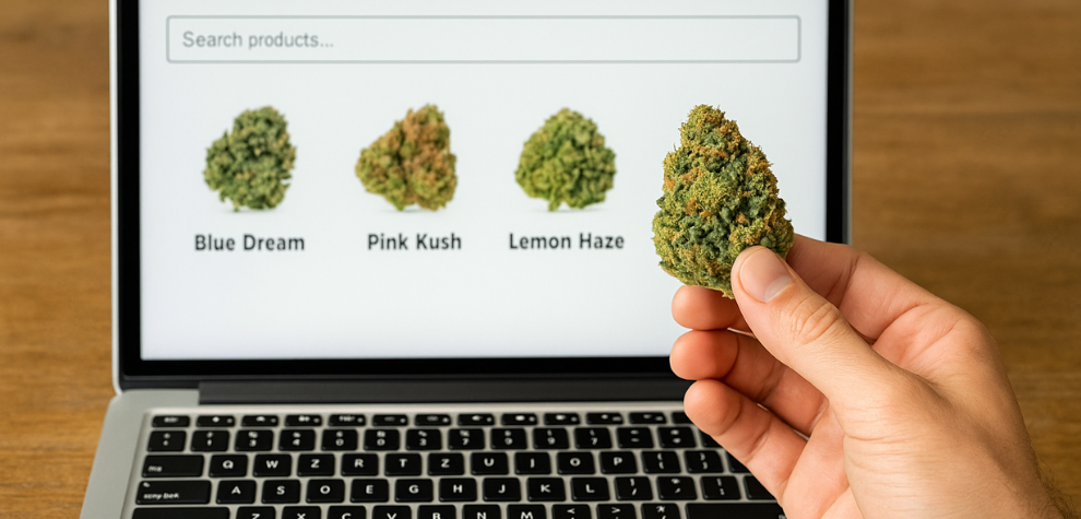 A hand holding a cannabis bud in front of a laptop screen displaying online pot strains like Lemon Haze, Blue Dream, and Pink Kush