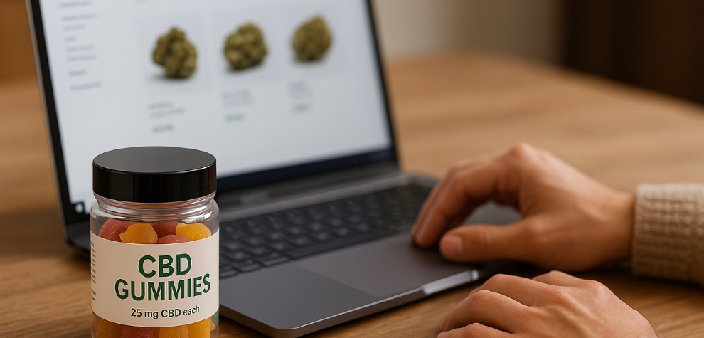 Person shopping online from a cannabis store, showing where to buy the best CBD gummies in Canada