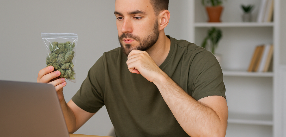 Man closely examining a sealed bag of cannabis while shopping online, representing reasons to buy Astropink weed from MMJExpress