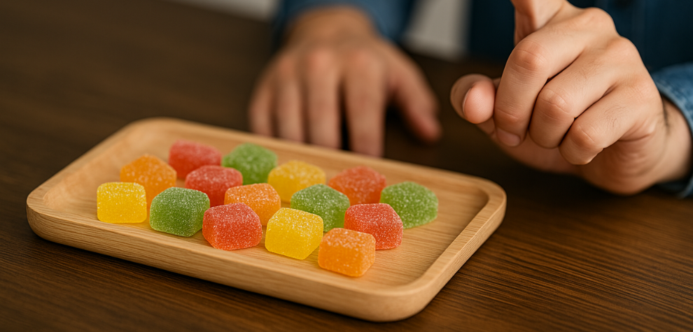 Hand pointing at a tray of assorted CBD gummies, highlighting the convenience and variety of buying CBD gummies online in Canada