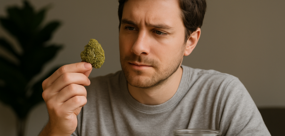 Man closely examining a cannabis bud with a thoughtful expression, highlighting the appeal of premium cannabis quality
