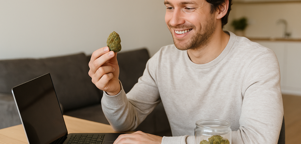 Smiling man holding a premium cannabis bud while shopping online, with a laptop and jar of weed on the table in a cozy home setting