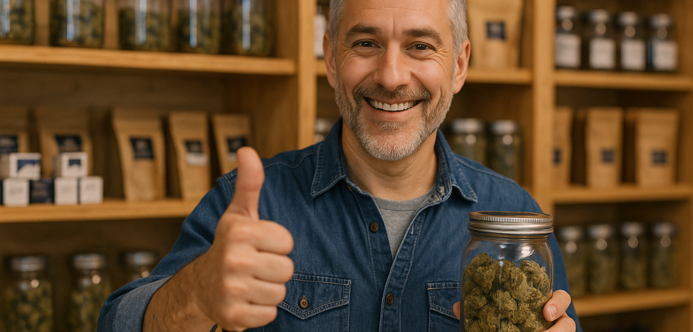 Smiling man holding a jar of cannabis and giving a thumbs up, showcasing trust in a reliable discount dispensary