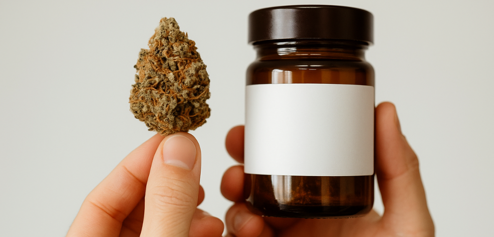Hand holding a cannabis bud next to a labeled jar, symbolizing the importance of choosing clean, lab-tested cannabis with confidence